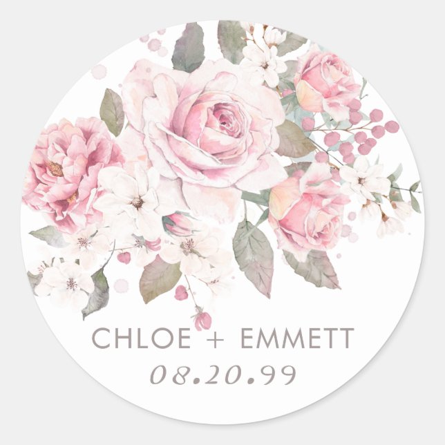 Rustic Boho Blush Pink Rose Floral Wedding Classic Round Sticker (Front)