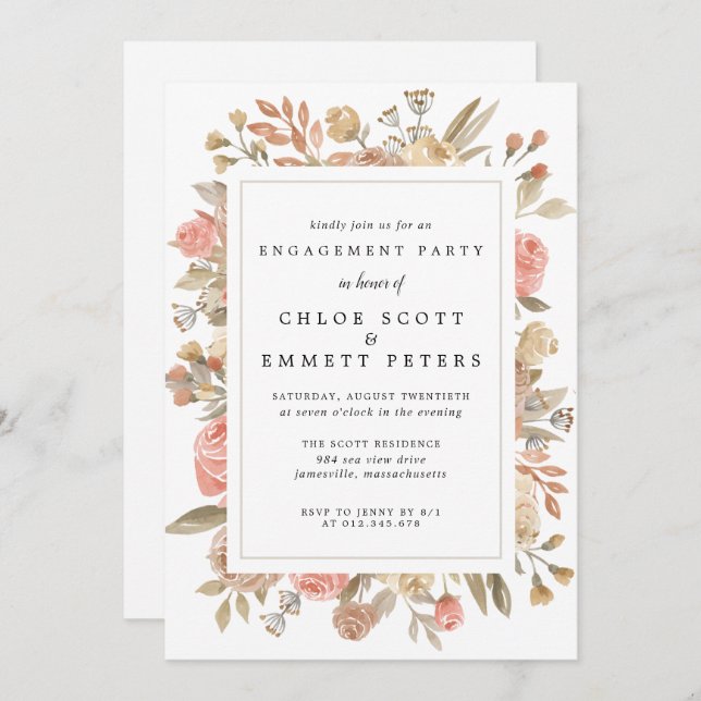 Rustic Boho Blush Rose Floral Engagement Party Invitation (Front/Back)