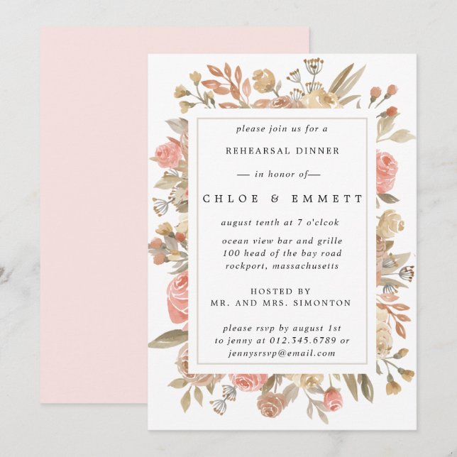 Rustic Boho Blush Rose Floral Rehearsal Dinner Invitation (Front/Back)