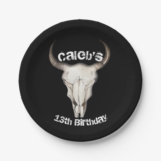 Rustic Boho Bohemian Cow Bull Birthday Party Paper Plate (Front)