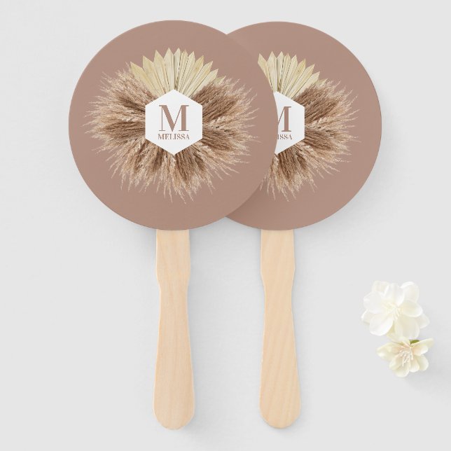 Rustic Boho Bohemian Pampas Grass Monogram Hand Fan (Front and Back)