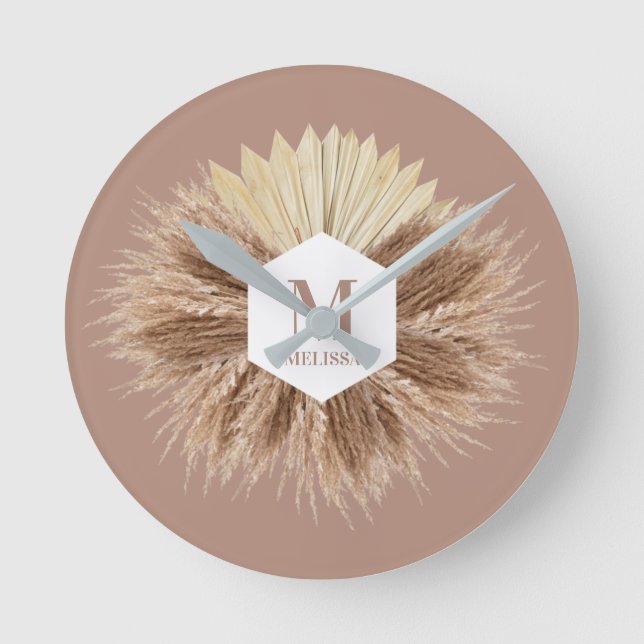 Rustic Boho Bohemian Pampas Grass Monogram Round Clock (Front)