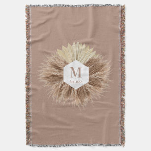 Rustic Boho Bohemian Pampas Grass Monogram Throw Blanket