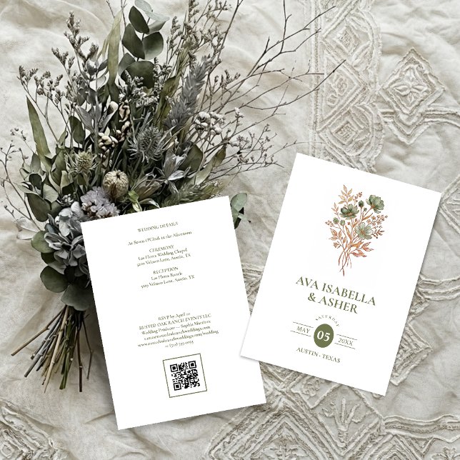 Rustic Boho Botanical Posy Sage Wedding TLW26 Invitation (Rustic Boho Botanical Posy Sage Green Wedding Invitation Card with a Lovely Watercolor Effect.)