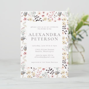 Rustic Boho Botanical White Grey Bridal Shower Invitation