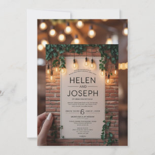 Rustic Boho Brick Wall & String Lights Wedding Inv Invitation