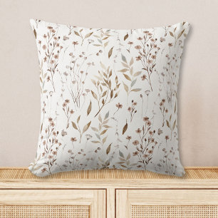 Rustic Boho Brown Pretty Flowers Leaves Pattern Cushion