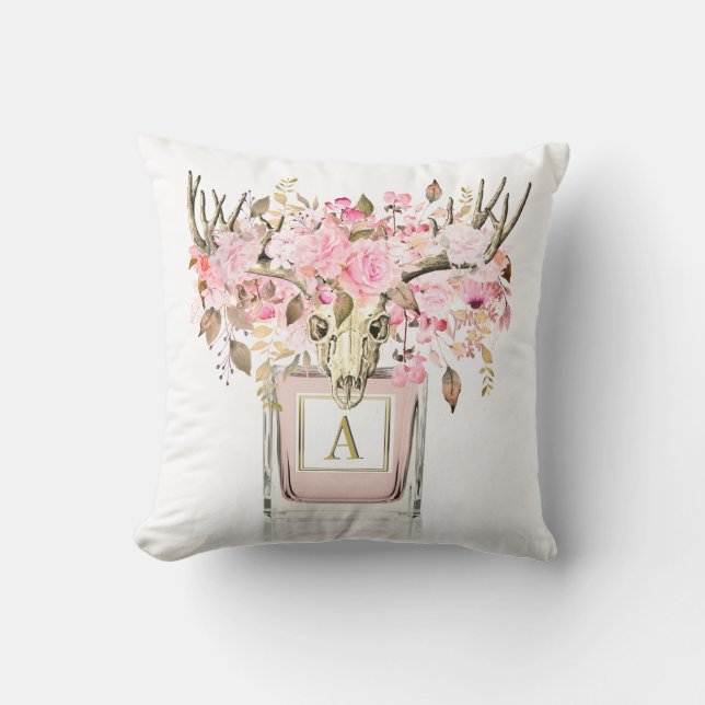 Rustic Boho Bull Skull Floral Roses Monogram    Cushion (Front)