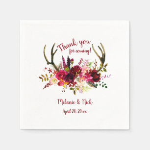 Rustic Boho Burgundy Floral antlers wedding decor Napkin