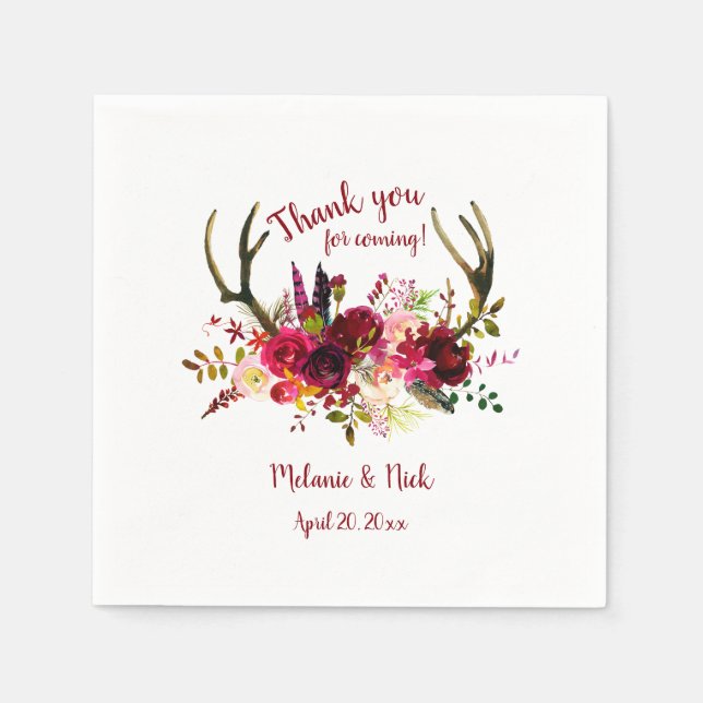 Rustic Boho Burgundy Floral antlers wedding decor Napkin (Front)
