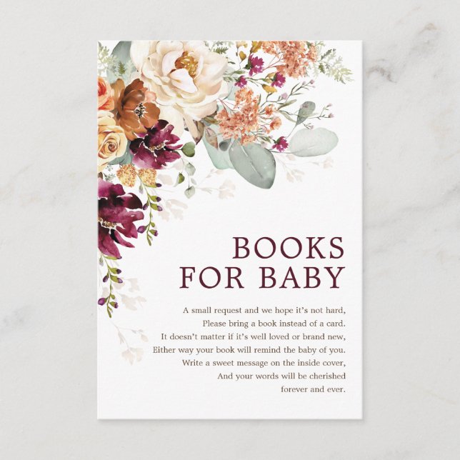 Rustic Boho Burgundy Floral Books for Baby Shower Enclosure Card (Front)