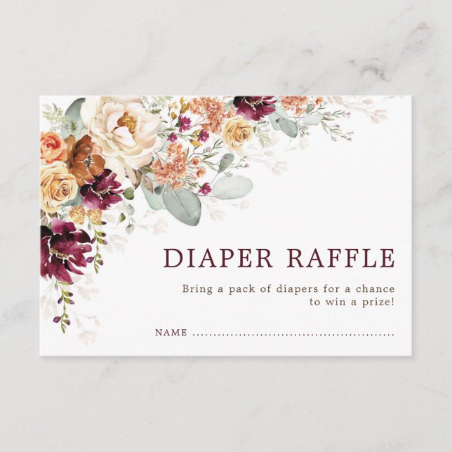 Rustic Boho Burgundy Orange Floral Diaper Raffle Enclosure Card (Front)