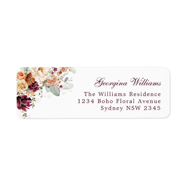 Rustic Boho Burgundy Orange Floral Return Address (Front)