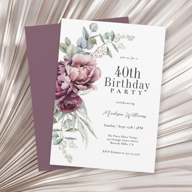 Rustic Boho Burgundy Plum Floral 40th Birthday Invitation (Available as printed and paperless digital download!)