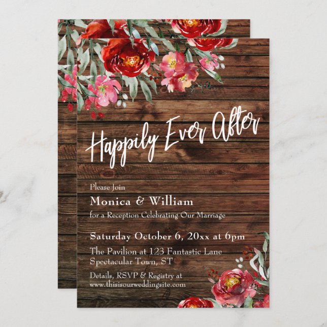 Rustic Boho Burgundy Red Floral Happily Ever After Invitation (Front/Back)