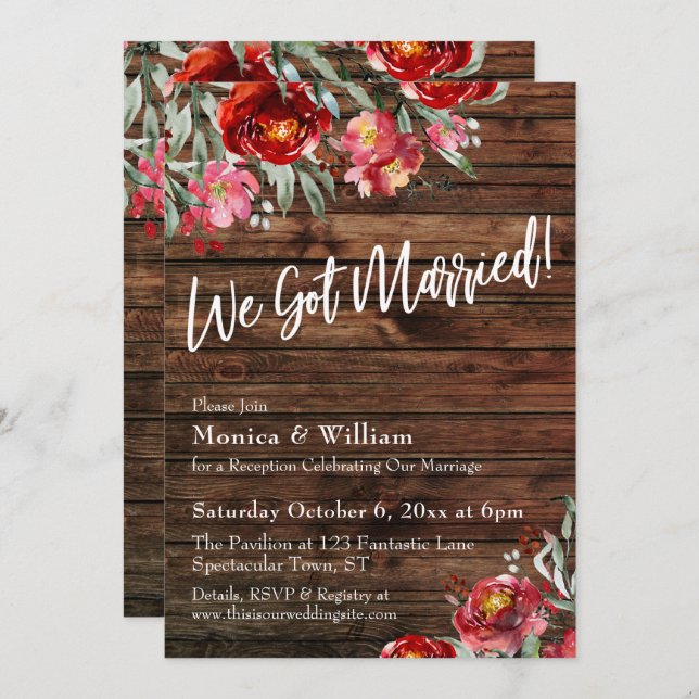 Rustic Boho Burgundy Red Floral We Got Married Invitation (Front/Back)