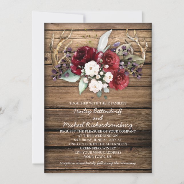 Rustic Boho Burgundy & White Roses Antlers Wedding Invitation (Front)