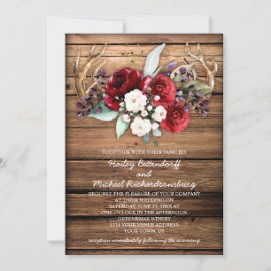 Rustic Boho Burgundy & White Roses Antlers Wedding Invitation