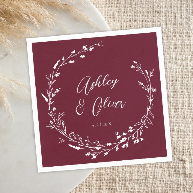 Rustic Boho Burgundy Wildflower Botanical Wedding Napkin (Creator Uploaded)