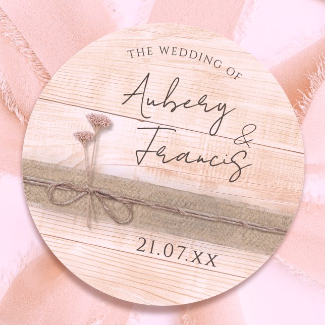 Rustic Boho Burlap Floral Blush Wildflower Wedding Classic Round Sticker (Creator Uploaded)