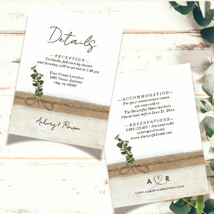 Rustic Boho Burlap Wood Eucalyptus Wedding Details Enclosure Card