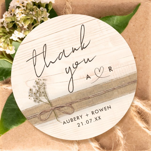 Rustic Boho Burlap Wood Wildflower Thank you Classic Round Sticker (Creator Uploaded)