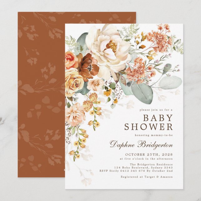 Rustic Boho Burnt Orange Cream Floral Baby Shower  Invitation (Front/Back)