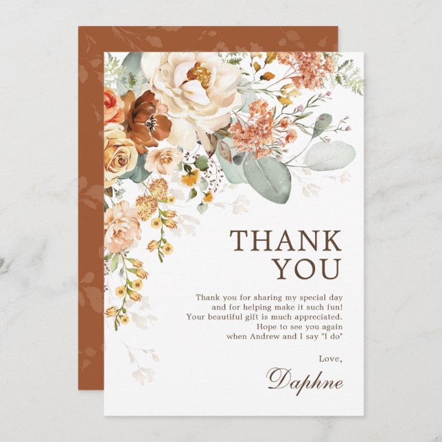 Rustic Boho Burnt Orange Floral Bridal Shower Thank You Card (Front/Back)