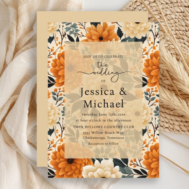 Rustic Boho Chic Autumn Watercolor Floral Wedding Invitation (Burnt orange and cream watercolor floral wedding invitation)