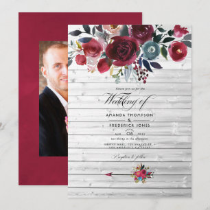 Rustic Boho Chic Burgundy and Navy Floral Wedding Invitation