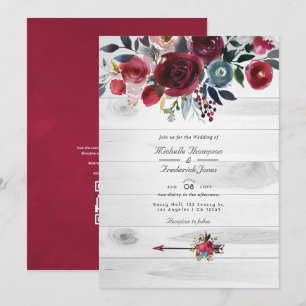 Rustic Boho Chic Burgundy and Navy Floral Wedding Invitation