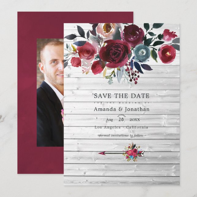 Rustic Boho Chic Burgundy and Navy Floral Wedding Save The Date (Front/Back)