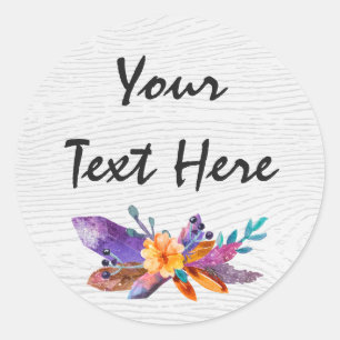 Rustic Boho Chic Crystal Gems Feathers Watercolor Classic Round Sticker
