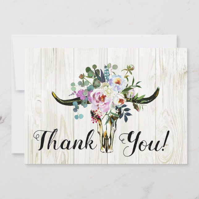 Rustic Boho Chic Floral Longhorn Skull Thank You Card (Front)
