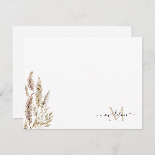 Rustic Boho Chic Pampas Grass Palm Leaves Monogram Card (Front/Back)