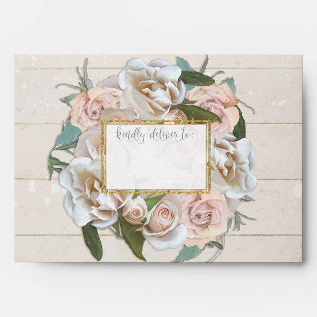 Rustic BOHO Chic Pretty Rose Wreath Wooden Envelope (Front)