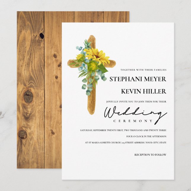 Rustic Boho Chic Sunflowers Cross Wedding Invitation (Front/Back)