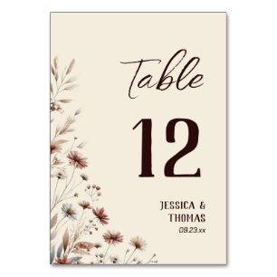 Rustic Boho Chic Watercolor Wildflowers Wedding Table Number