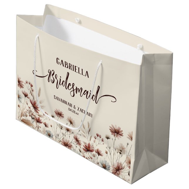Rustic Boho Chic Wildflowers Bridesmaid Wedding Large Gift Bag (Front Angled)