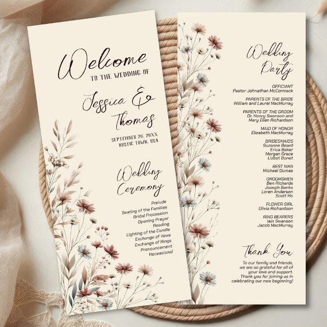 Rustic Boho Chic Wildflowers Earthtone Wedding Programme (Front/Back)