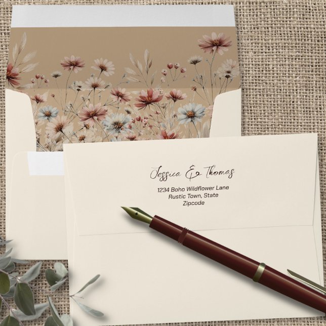 Rustic Boho Chic Wildflowers on Cream Wedding Envelope (Creator Uploaded)