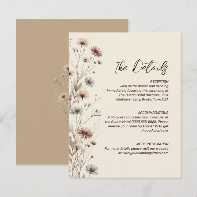 Rustic Boho Chic Wildflowers Wedding Details Enclosure Card (Front/Back)