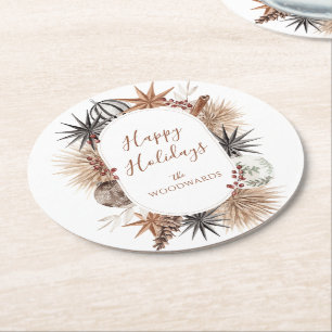 Rustic Boho Christmas Personalised Round Paper Coaster