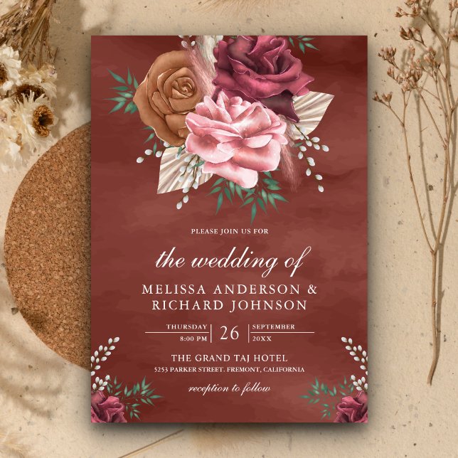 Rustic Boho Cinnamon Rose Earthy Floral Wedding Invitation (Creator Uploaded)