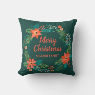 Rustic boho Classic Christmas  wreath poinsettia Cushion
