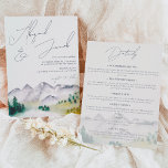 Rustic boho Colorado mountain all in one wedding Invitation<br><div class="desc">A hand-painted watercolor Aspen Colorado Mountain Wedding All in One Invitation. The cool hues of grey and green create a tranquil backdrop for a mountain landscape, adorned with elegant evergreen trees featuring the all in one details, rsvp, accommodation, hotel, transport... .. The invitation features a stylish script font, adding sophistication...</div>