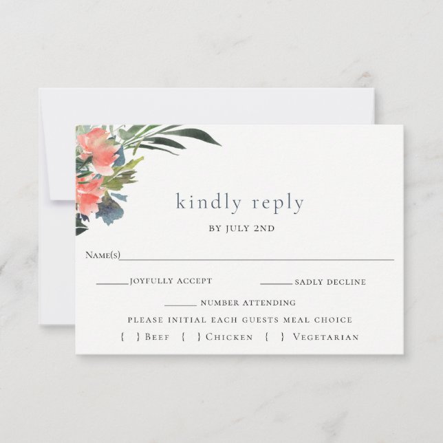 Rustic Boho Coral Botanical Wedding RSVP Card (Front)