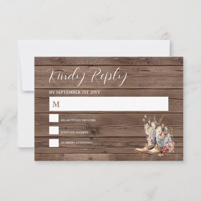 Rustic Boho Cowboy Boots Western Wedding  RSVP Card (Front)