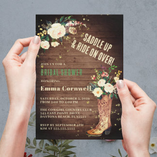 Rustic Boho Cowgirl Floral Boots Bridal Shower Invitation