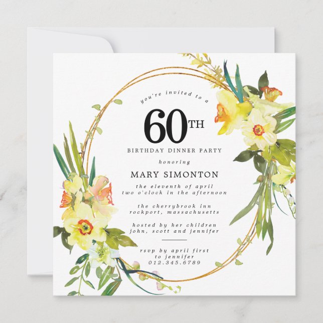 Rustic Boho Daffodil 60th Birthday Dinner Party Invitation (Front)